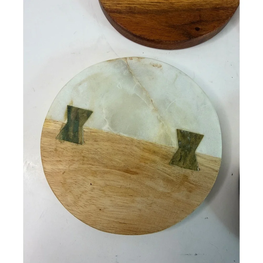 Crate and Barrel Marble Wood Round Coasters Brass Butterfly Inlay Two-Tone